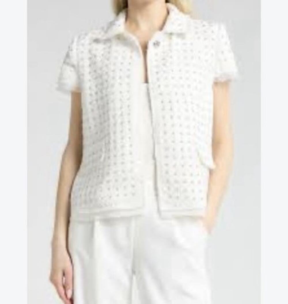 JASON WU Embellished Tweed Jacket Short Sleeve Blazer White Rhinestone Stud Sz S